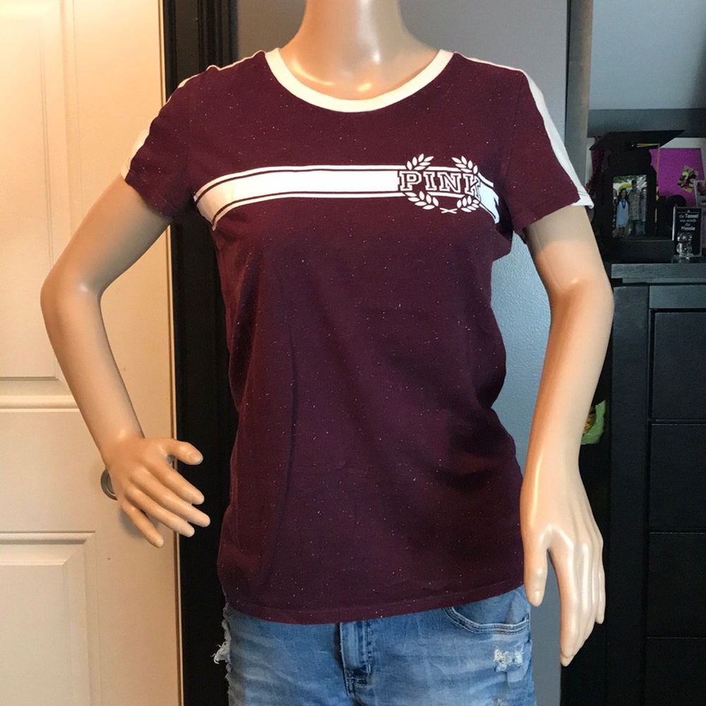 PINK tee size small. Maroon and white